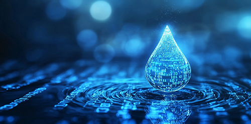 Digital water droplet over data waves representing modern cloud voice and customer experience communications.