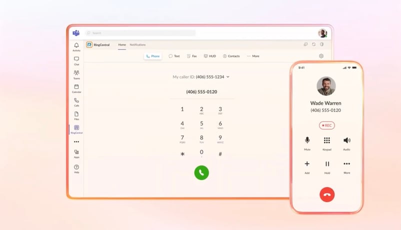 The RingCentral dialer running as an embedded app inside Microsoft Teams, alongside an active call on mobile