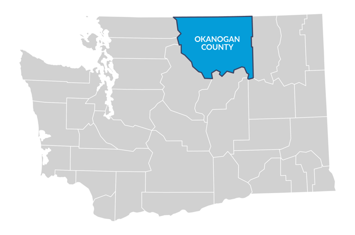 Map of Washington State highlighting Okanogan County in the north central region