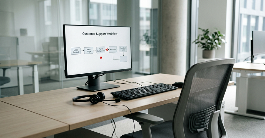  Computer monitor displaying a customer support workflow diagram at an empty service desk with a headset, illustrating how issue resolution depends on multiple handoffs across teams.