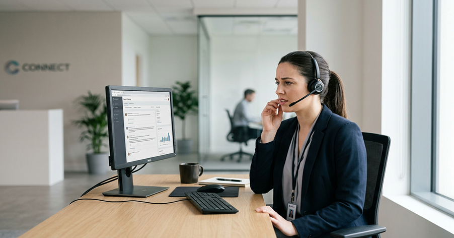 A customer service agent on the phone showing the real cost of siloed communication systems