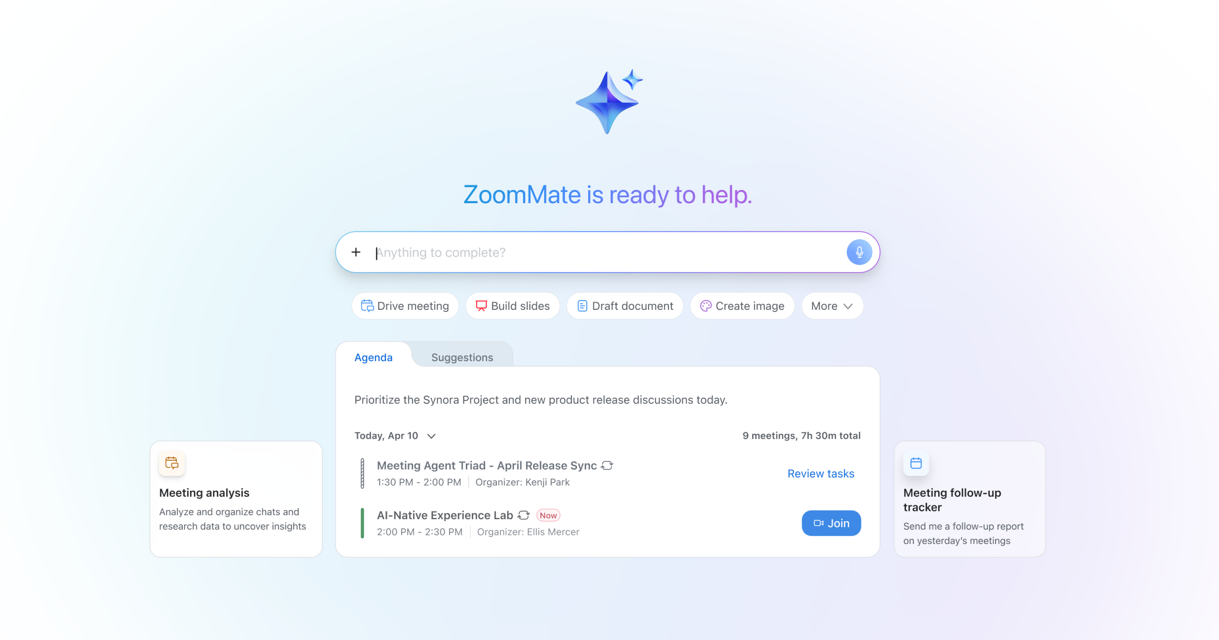  ZoomMate Zoom AI assistant interface showing daily meeting agenda, task prompts, and productivity tools.